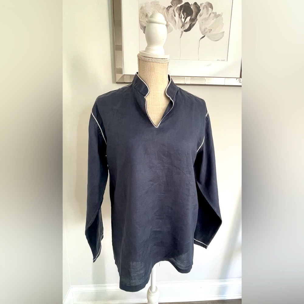 Sentiment Navy Long Sleeve Linen Tunic with White Trim